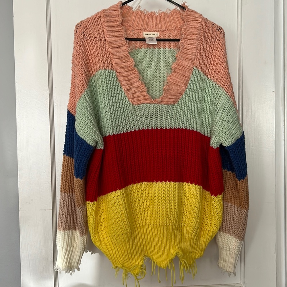 Distressed multi color v-neck sweater